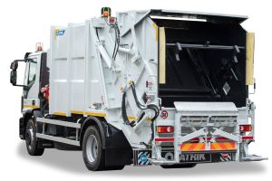 Press loading garbage vehicle ATRIK type R2P with a crane for underground containers and a folding trough