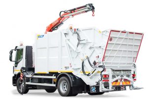 A 12m3 garbage truck with a crane for underground containers and a folding trough