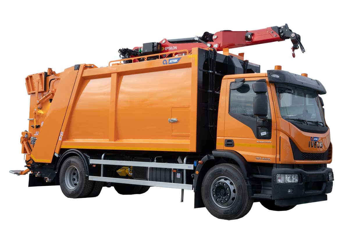 ATRIK garbage truck type APO on the principle of a pressure plate with a mobile hopper and a crane for emptying underground containers